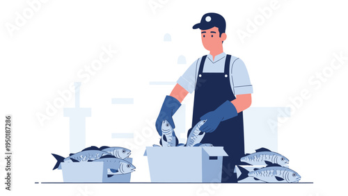 Fresh Catch Processing: A worker meticulously sorts and organizes freshly caught fish, ensuring quality and readiness for distribution. Showcasing precision and dedication in the seafood industry.