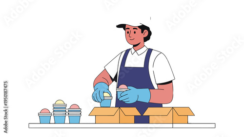 Ice Cream Packaging Process: A diligent food production worker meticulously packages individual servings of ice cream.