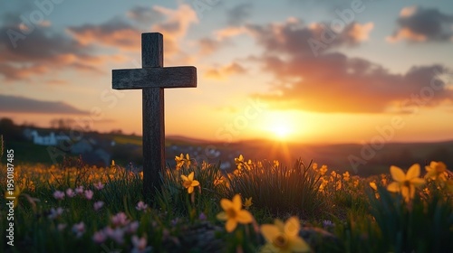 a wooden cross in the meadow, surrounded by daffodils, at sunset, symbolizing easter and christian mythology. 