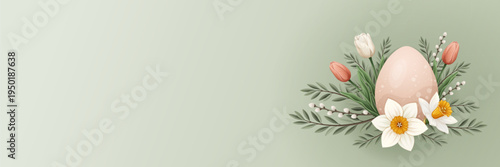 Easter banner background vector with Easter egg, daffodil flowers and tulips, spring floral corner composition with copy space