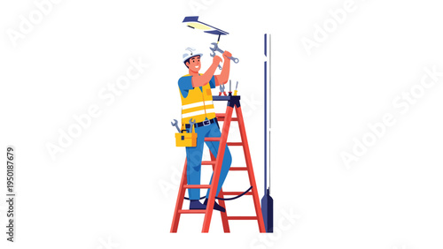Expert Electrician: A skilled electrician diligently works on a lamppost, embodying the essence of technical precision and dedication to ensuring efficient lighting.