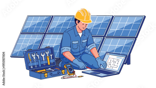 Solar Panel Technician: A skilled technician, equipped with tools, works on solar panels, symbolizing the advancements in clean energy and sustainable practices