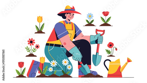 Gardening Amidst Blooms: A dedicated gardener cultivates a vibrant garden, surrounded by an array of blossoming flowers, illustrating the art of nurturing and nature's beauty.