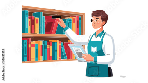 Curating Knowledge: A librarian's diligent work of cataloging and organizing literary works within a library setting.