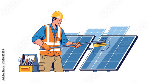 Solar Panel Maintenance: A dedicated worker diligently cleans solar panels with a brush, symbolizing sustainable energy and environmental responsibility.