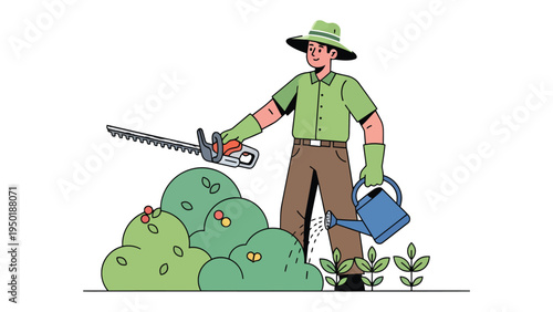 Gardener's Green Oasis: A skilled gardener, equipped with his tools, lovingly tends to a vibrant garden, ensuring a picturesque landscape thrives with meticulous care.