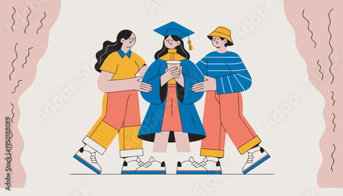Friends Supporting Graduate Student After Graduation Ceremony Flat Vector Illustration