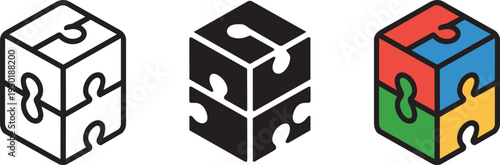 Cube formed from multi-colored puzzle pieces, line art, and silhouette representations