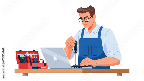 Tech Maestro: A skilled technician diligently repairs a laptop with precision and expertise, a toolbox of instruments in tow. 