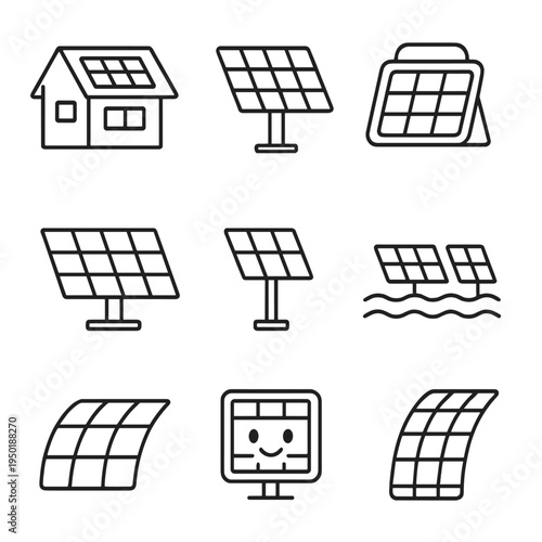 Icons of solar panels and eco-friendly houses on dark background
