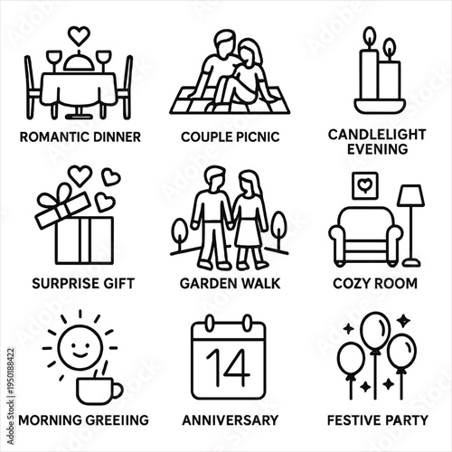Romantic dinner, couple picnic, and candlelight evening icons for celebrations