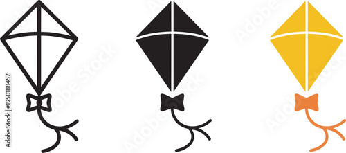 Three stylized kite graphics in line art, silhouette, and full color representations