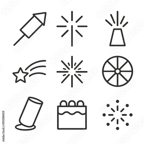 Minimalistic fireworks icon set with rockets, stars, and sparklers