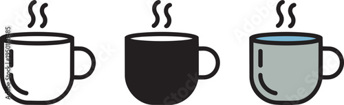 Three stylized coffee cups with steam rising, showing variations in outline and color