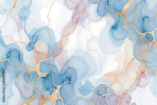 Abstract Fluid Art with Blue and Purple Swirls and Gold Veins