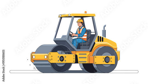 Road Roller Operation: An illustrative depiction of a road roller in action, a diligent worker carefully maneuvers the heavy machinery, ensuring a smooth and level surface for the road ahead.
