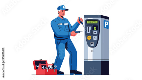 Maintenance Technician at Work: A skilled maintenance technician expertly repairs a parking meter, utilizing a toolbox, showcasing dedication to service. 
