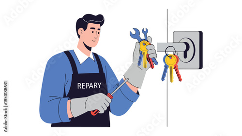 Locksmith at Work: A skilled locksmith meticulously examines a door lock with a set of keys, showcasing expertise in security and repair.