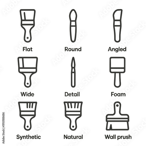 Variety of artistic brushes: flat, round, wide, detail, angled, foam