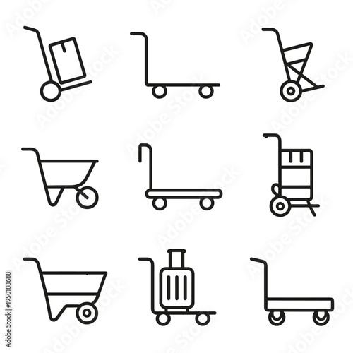 Collection of minimal hand truck and trolley icons for logistics design