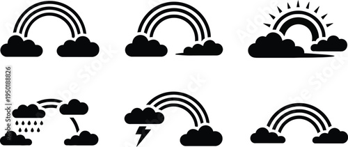Illustrations of various weather phenomena featuring rainbows and clouds with different conditions