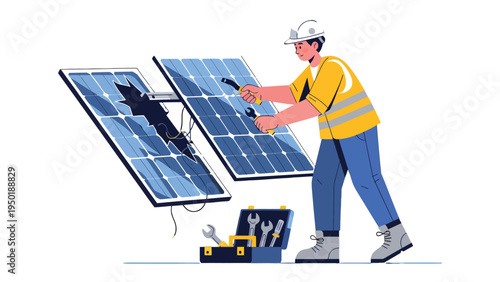 Solar Panel Technician at Work: A skilled technician, equipped with tools, diligently repairs a damaged solar panel, showcasing dedication to renewable energy and sustainable practices.