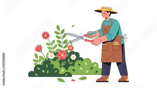 Gardener Pruning Blooming Garden: A dedicated gardener, adorned in an apron and straw hat, meticulously trims vibrant blossoms, nurturing a flourishing garden.