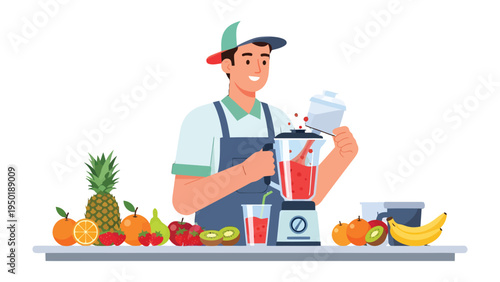 The Art of the Blend: A skilled individual crafts a vibrant, healthy concoction with fresh fruits, embodying wellness and the vitality of nature.