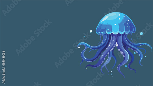 Blue jellyfish ocean vector illustration with glowing transparent body and flowing tentacles, underwater marine life cartoon style aquatic creature isolated on dark blue background.