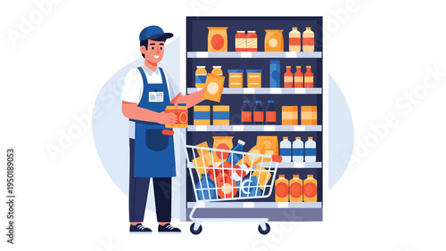 Store Clerk Arranging Products: A helpful store clerk efficiently organizes groceries on a shelf, his actions signifying attentiveness and offering an image of meticulousness, embodying customer care.