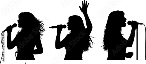 female singer silhouettes, woman singing microphone, vocal performance artist, live music concert, stage entertainment, professional vocalist, music show