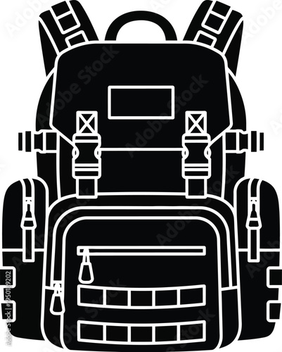 A detailed black silhouette icon of a tactical hiking backpack with straps and multiple compartments