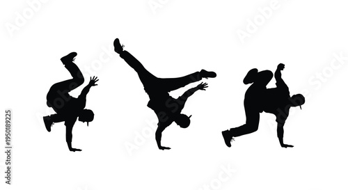 Three dancers captured in dynamic breakdancing poses showcasing athletic skill and energy silhouette high quality professional