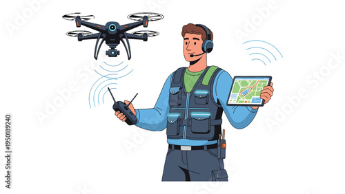 Precision Flight: An operator guides a modern drone, skillfully maneuvering it through the air with a handheld controller, while monitoring its progress with a digital tablet.
