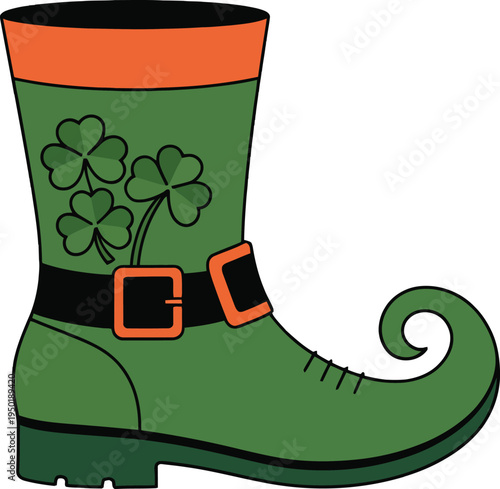 Illustrative leprechaun boot featuring green shamrocks and orange accents