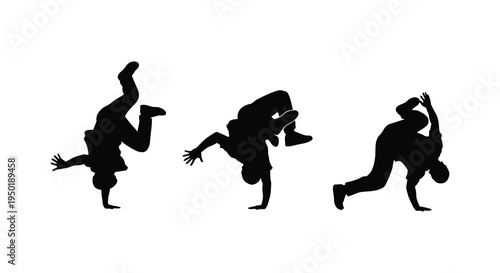 Dynamic figures performing breakdancing moves in a striking black silhouette high quality professional detailed modern elegant