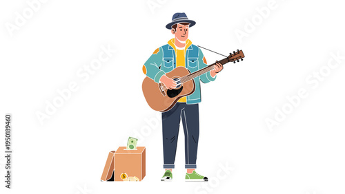 Harmonic Melody: An illustration capturing a busker playing his acoustic guitar, a scene of music and generosity.
