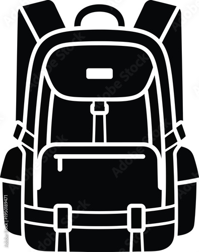 A black silhouette icon representing a standard travel backpack with multiple storage compartments