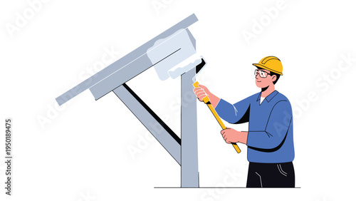 Solar Panel Installation: A technician meticulously applies paint to the framework of a solar panel installation, showcasing the craftsmanship and precision involved in renewable energy