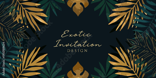 Golden tropical leaves frame a dark background with elegant text