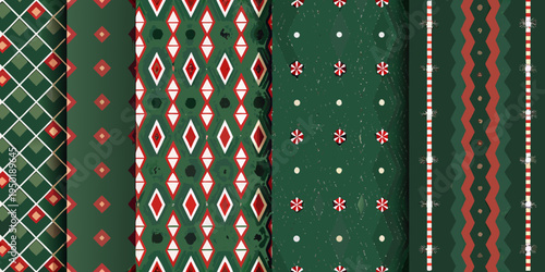 A colorful assortment of geometric patterned backgrounds in green and red