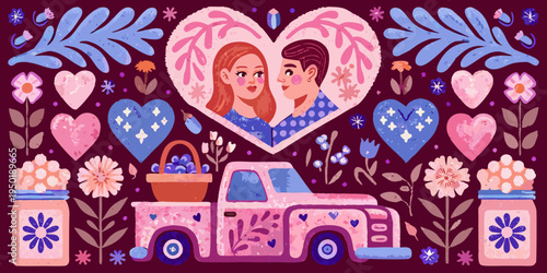 A charming illustration of a couple a vintage truck and floral hearts