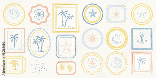 Collection of hand drawn coastal frames with shells stars and palms