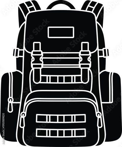 A sturdy black tactical hiking backpack featuring multiple storage compartments and strap fasteners