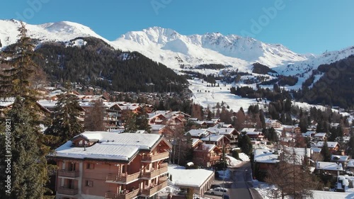 Verbier Switzerland drone flight during winter snow