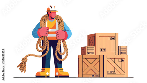 Logistics Worker with Crates and Rope: A construction worker stands ready to work, surrounded by wooden crates and a coiled rope, symbolizing construction and transport.