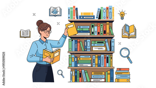 Literary Haven: A librarian selects a book from a well-stocked bookshelf, surrounded by symbols of knowledge, illustrating a world of learning and education.