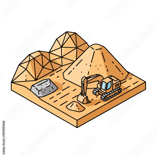 Excavator Digging Sand on Construction Site.