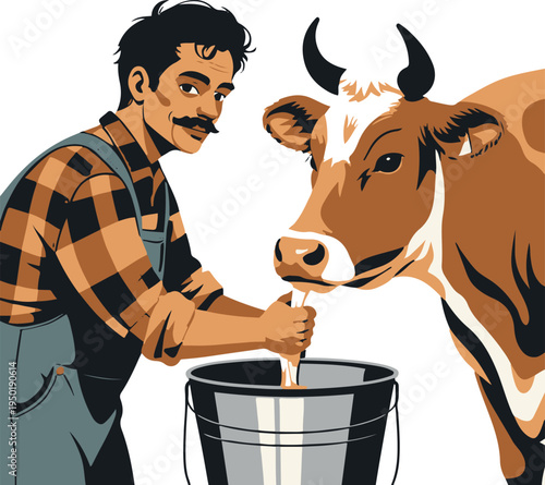 Farmer milking cow with bucket, flat vector sticker illustration, bold black outline, minimal shapes, white background 2