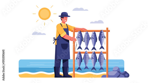 Fisherman's Bounty: A fisherman tends to freshly caught fish hanging on a rack under the warm sun, a display of skill and the bounty of the sea.